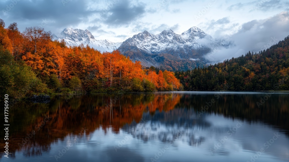 Surrounded by trees, a body of water reflects tranquility Snow-capped mountains rise in the background, their peaks touching the blue sky White clouds dot the expanse above Surrounded by trees, a body of water reflects tranquility Snow-capped mountains rise in the background, their peaks touching the blue sky White clouds dot the expanse above