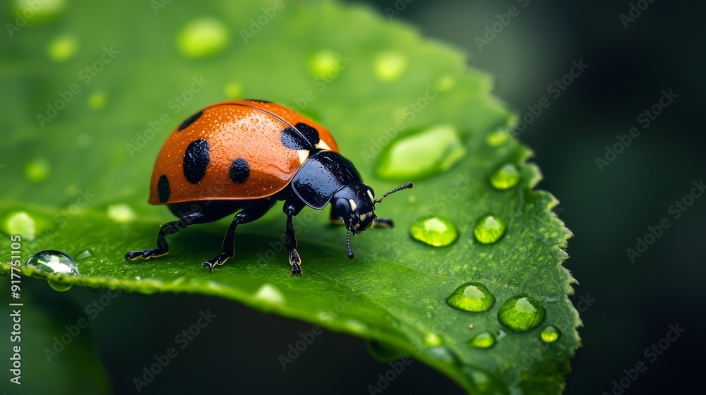 A ladybug up close on a verdant leaf, dotted with water drops A ladybug up close on a verdant leaf, dotted with water drops