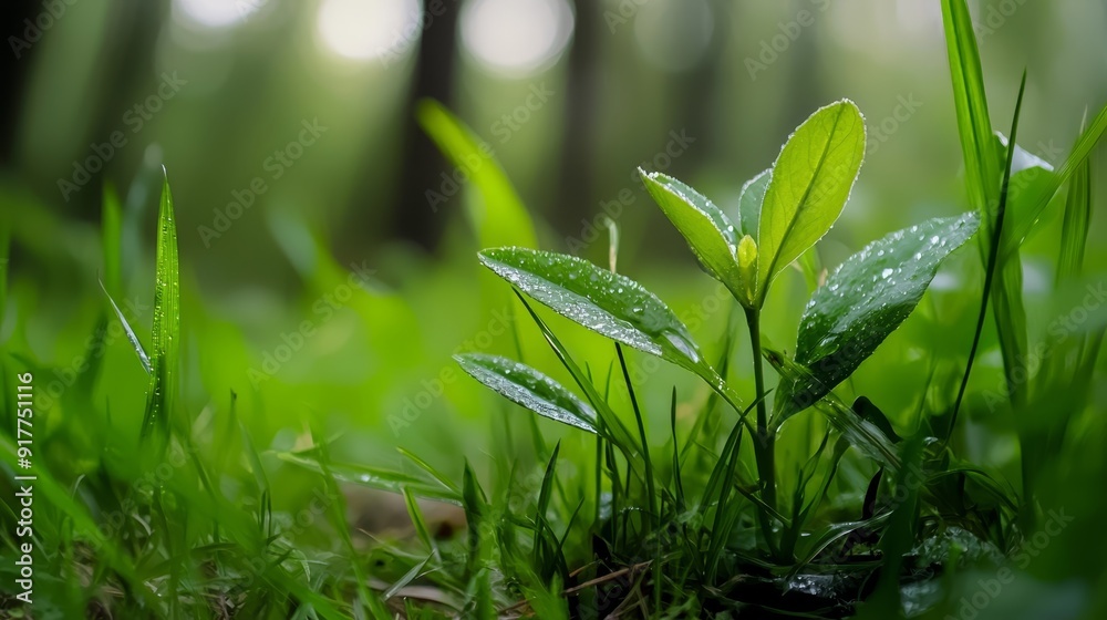 A tight shot of a tiny green plant, beaded with water on its glistening leaves, nestled among grasses In the distance, trees form a lush backdrop A tight shot of a tiny green plant, beaded with water on its glistening leaves, nestled among grasses In the distance, trees form a lush backdrop