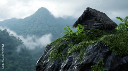  A tiny hut atop a mountain, surrounded by lush green flora and mossy vegetation, faces a foggy mountain range