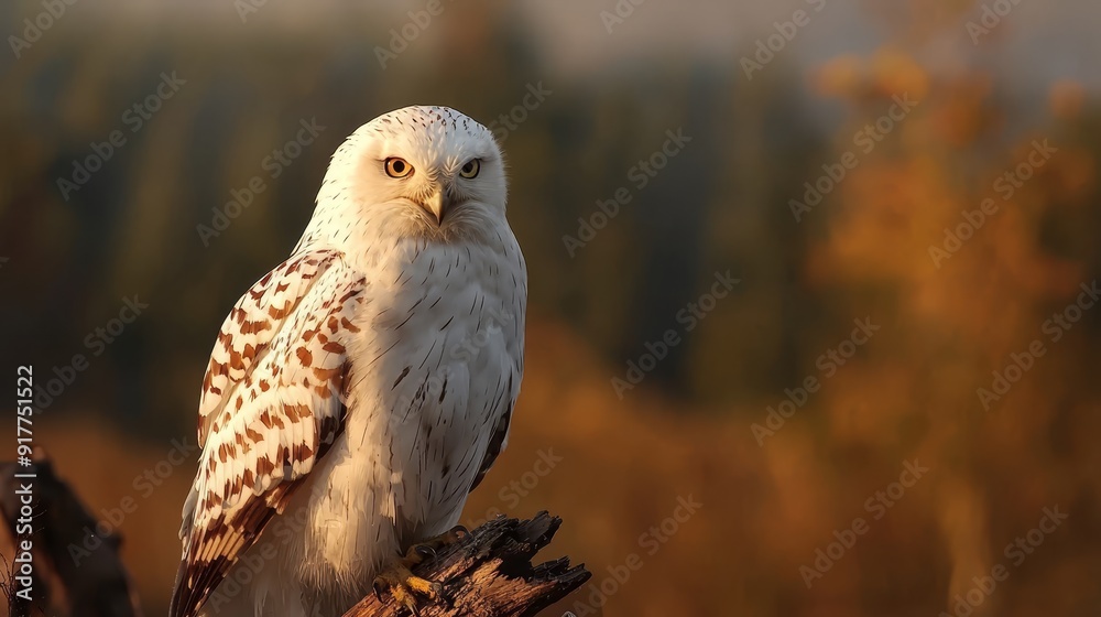 A bird of prey in focus on a tree branch against a blurred backdrop of grass and trees A bird of prey in focus on a tree branch against a blurred backdrop of grass and trees