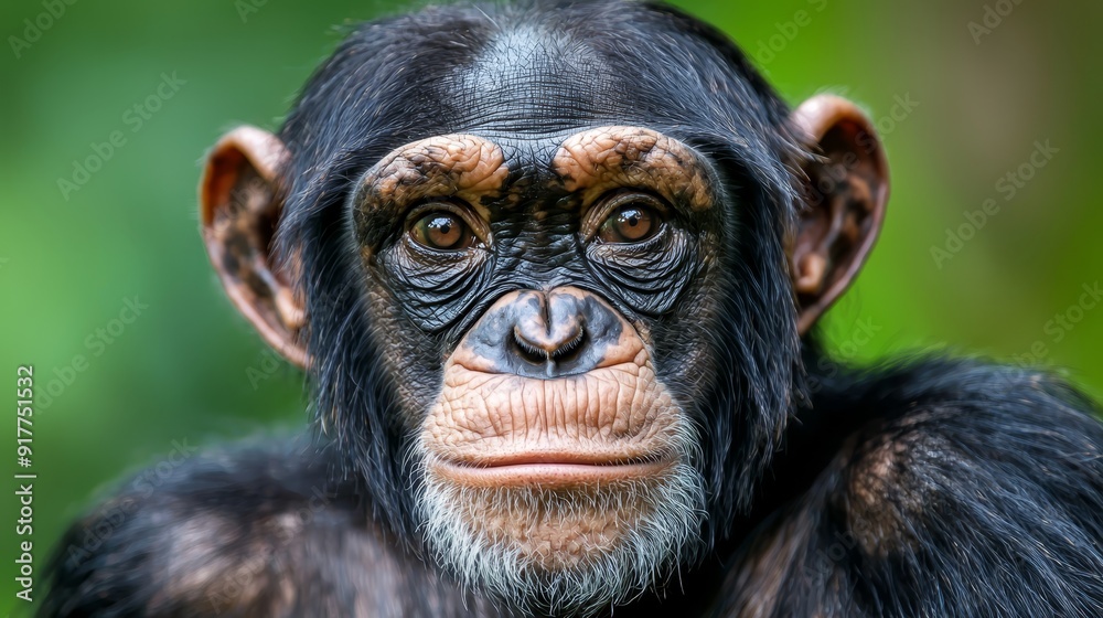 A tight shot of a chimpanzee's face against a hazy backdrop of trees A tight shot of a chimpanzee's face against a hazy backdrop of trees