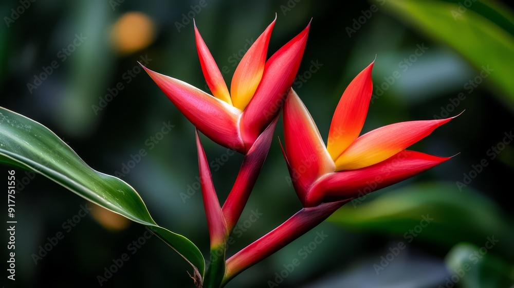 A red and yellow flower with green leaves in the background, foreground features blurred leaves A red and yellow flower with green leaves in the background, foreground features blurred leaves