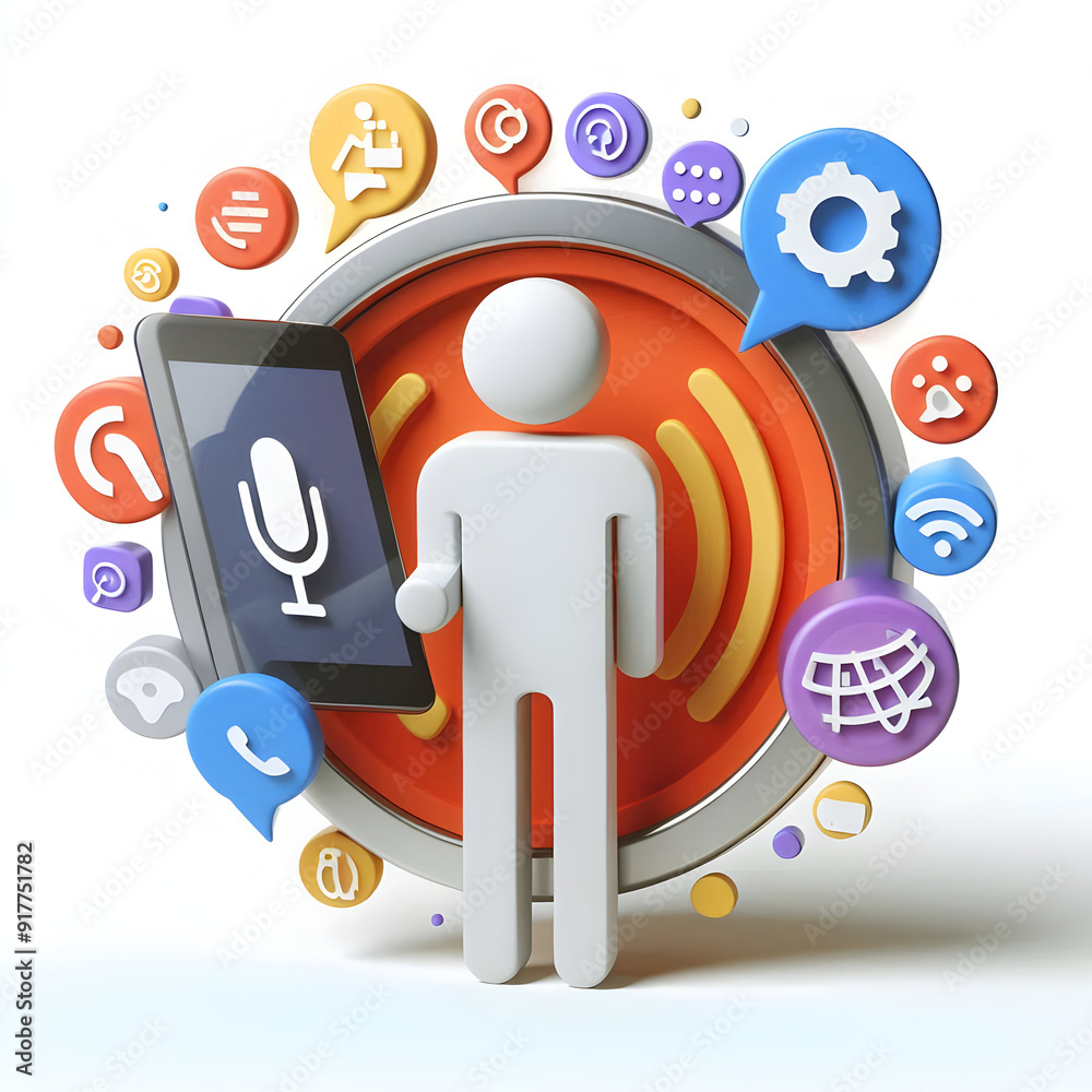 3D Flat Icon of Person Holding Tablet and Voice Search Symbols, Voice Search Marketing Strategy Concept with Copy Space on White Background 3D Flat Icon of Person Holding Tablet and Voice Search Symbols, Voice Search Marketing Strategy Concept with Copy Space on White Background