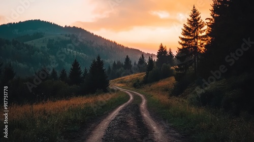  A dirt path through a field, flanked by trees on either side, leads to a distant mountain