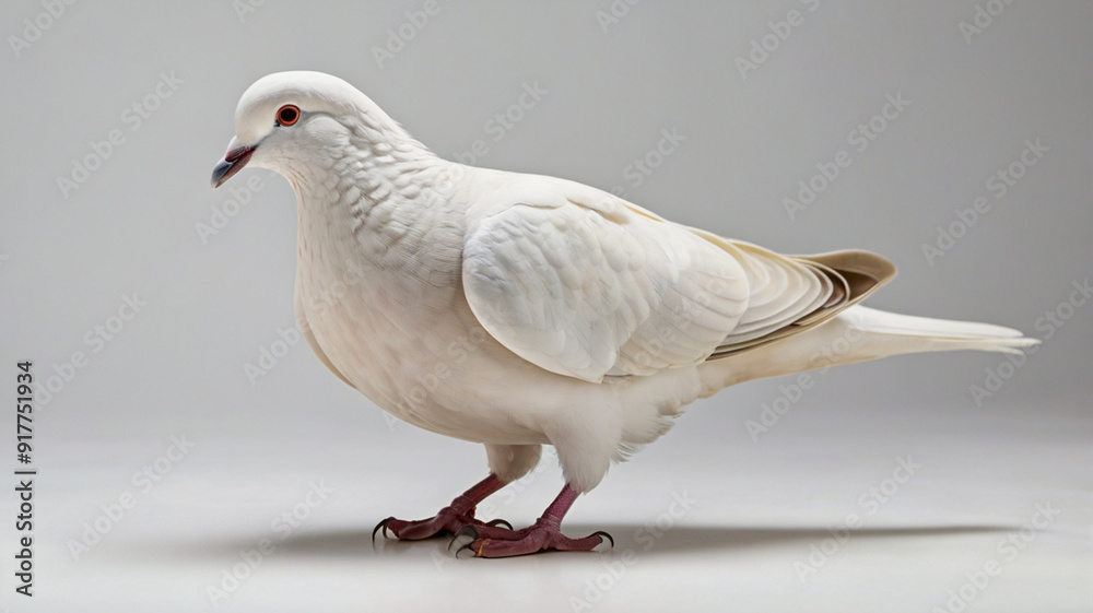 Fototapeta premium A serene pigeon perched gracefully against a pristine white wall, its soft feathers contrasting beautifully with the clean background.