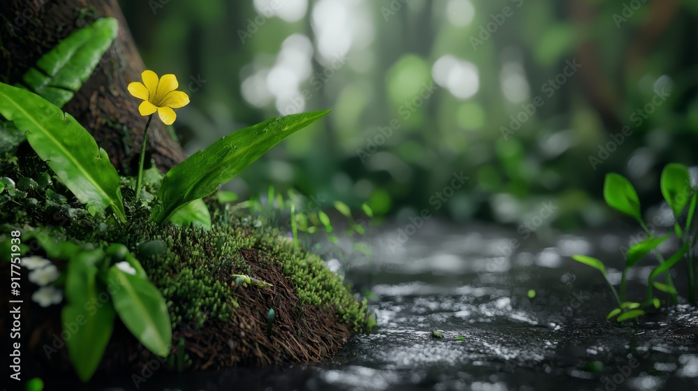 A small, yellow flower atop a verdant forest, teeming with numerous leafy green plants, adjacent to a river A small, yellow flower atop a verdant forest, teeming with numerous leafy green plants, adjacent to a river