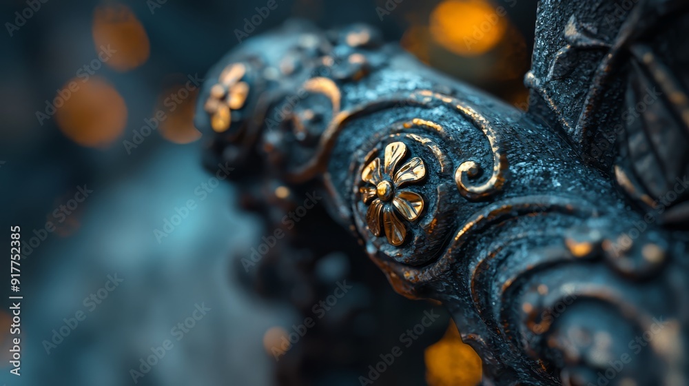 A metal object with a blurred background of lights in the distance, and a blurred foreground A metal object with a blurred background of lights in the distance, and a blurred foreground