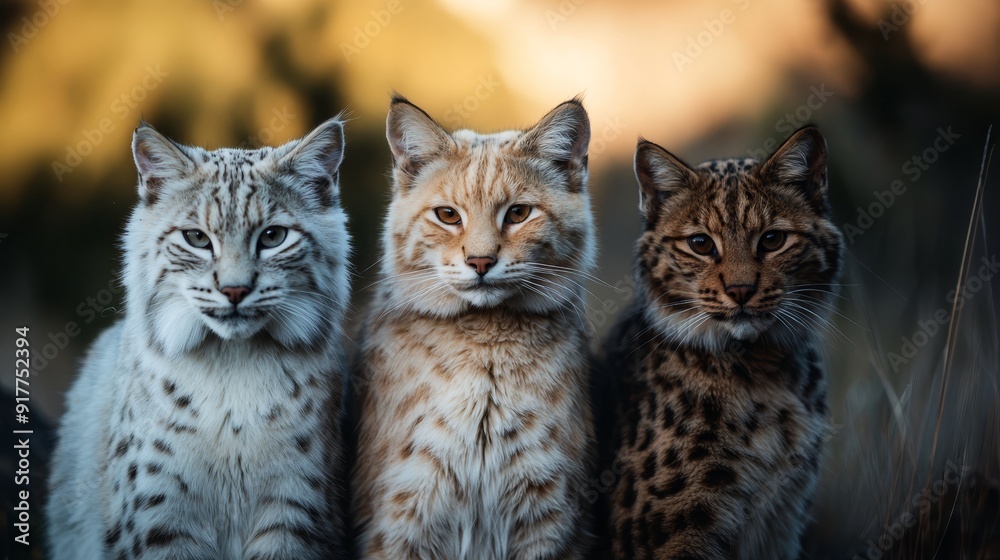 Three cats sit together on a grassy field, surrounded by trees in the background Three cats sit together on a grassy field, surrounded by trees in the background