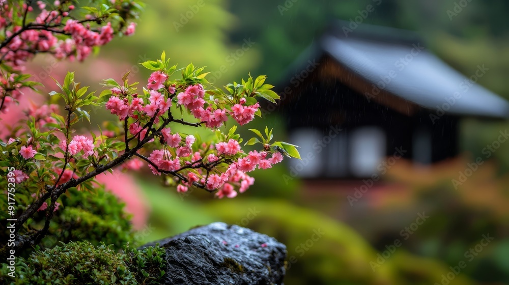A tiny tree, adorned with pink blossoms, stands before a quaint building The edifice sports a dark rooftop In the backdrop, a hill houses A tiny tree, adorned with pink blossoms, stands before a quaint building The edifice sports a dark rooftop In the backdrop, a hill houses