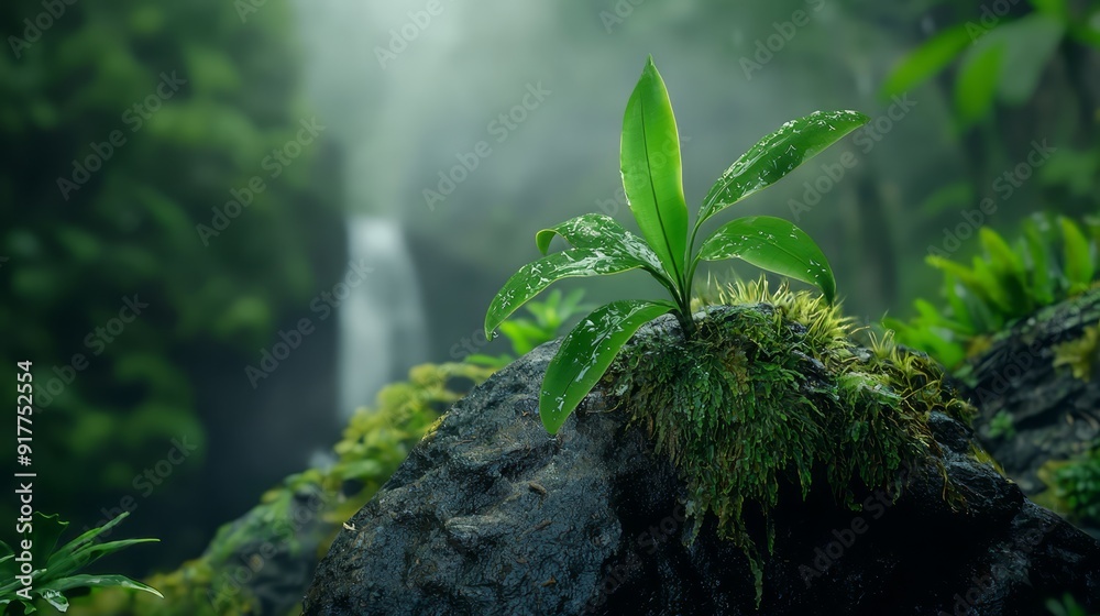 A green plant emerges from a rock amidst a forest, surrounded by a waterfall's background A green plant emerges from a rock amidst a forest, surrounded by a waterfall's background