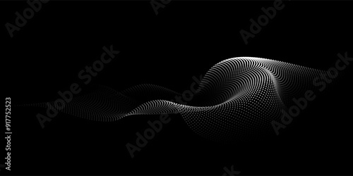 Flowing dots particles wave pattern 3D curve halftone gradient curve shape isolated on black background. Vector in concept of technology, science, music, modern.