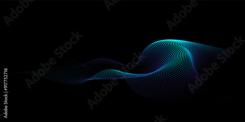 Flowing dots particles wave pattern 3D curve halftone blue green gradient curve shape isolated on black background. Vector in concept of technology, science, music, modern.