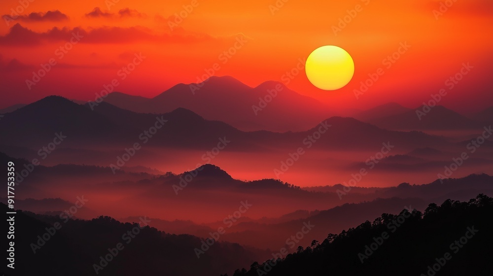 Vibrant sunset over rolling misty mountains with a glowing orange sky, capturing the serene beauty of nature and the calmness of twilight Vibrant sunset over rolling misty mountains with a glowing orange sky, capturing the serene beauty of nature and the calmness of twilight