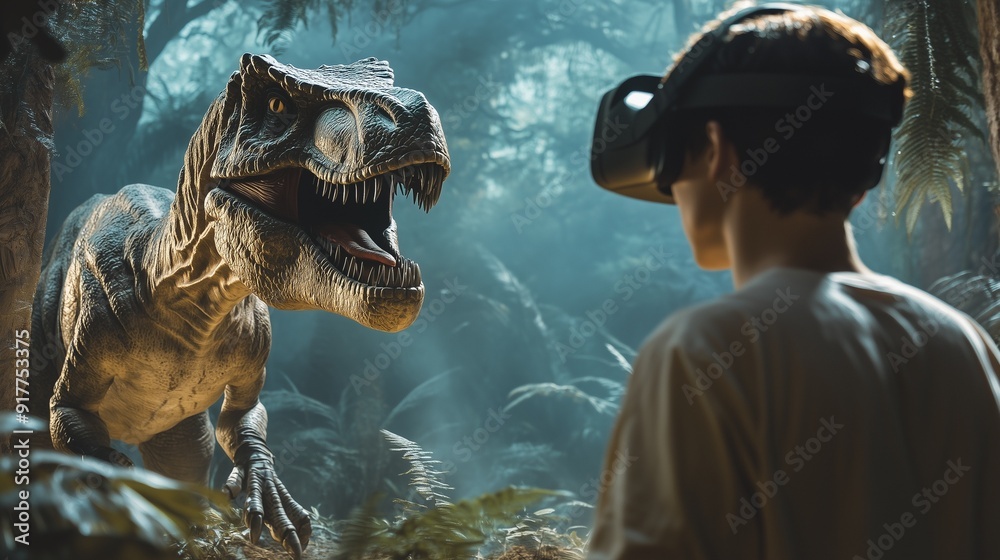 Naklejka premium Person wearing VR headset facing a realistic dinosaur in a jungle setting, blending virtual reality with prehistoric adventure and excitement
