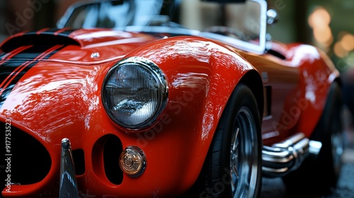  A tight shot of a red sports car's headlight, bearing a black stripe