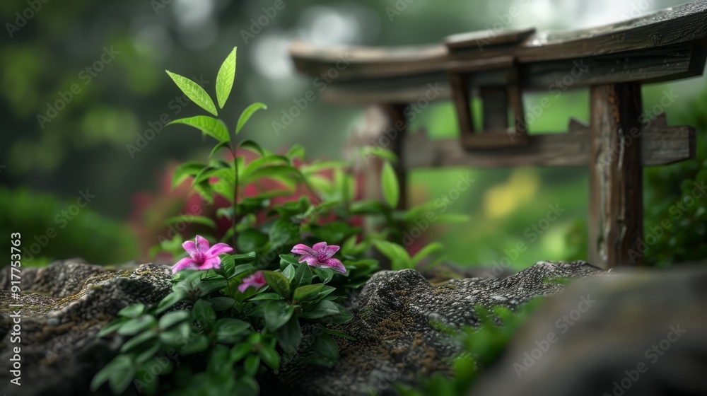 A pink flower atop a rock, near a bench with a growing plant A pink flower atop a rock, near a bench with a growing plant