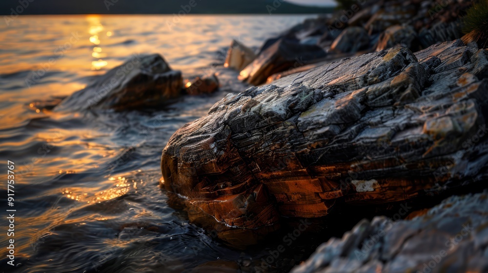 A large rock atop a body of water, adjacent to a shore teeming with numerous stones A large rock atop a body of water, adjacent to a shore teeming with numerous stones