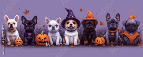 French Bulldogs in Halloween Costumes Surrounded by Pumpkins and Fall Leaves, Ready for a Spooky Celebration on a Purple Background