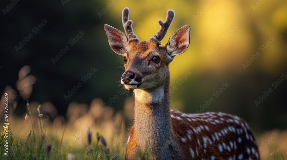 A deer with antlers, tightly focused, stands amidst a field of towering grasses A deer with antlers, tightly focused, stands amidst a field of towering grasses