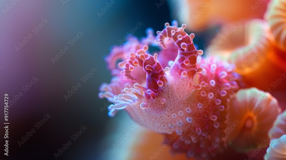 A tight shot of a solitary sea anemone against a backdrop of blue and pink, with nearby anemones in the foreground A tight shot of a solitary sea anemone against a backdrop of blue and pink, with nearby anemones in the foreground