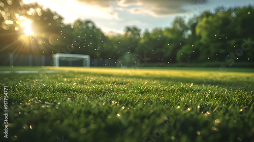 A soccer field with a sunset in the background