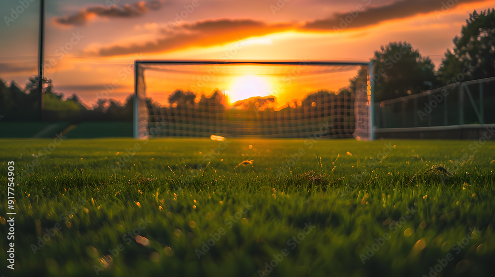 A soccer field with a goal and a sunset in the background A soccer field with a goal and a sunset in the background