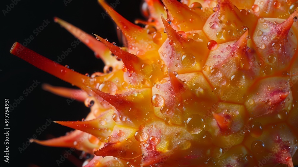 Close-up of a yellow-red flower against a black backdrop, adorned with water droplets on its petals Close-up of a yellow-red flower against a black backdrop, adorned with water droplets on its petals