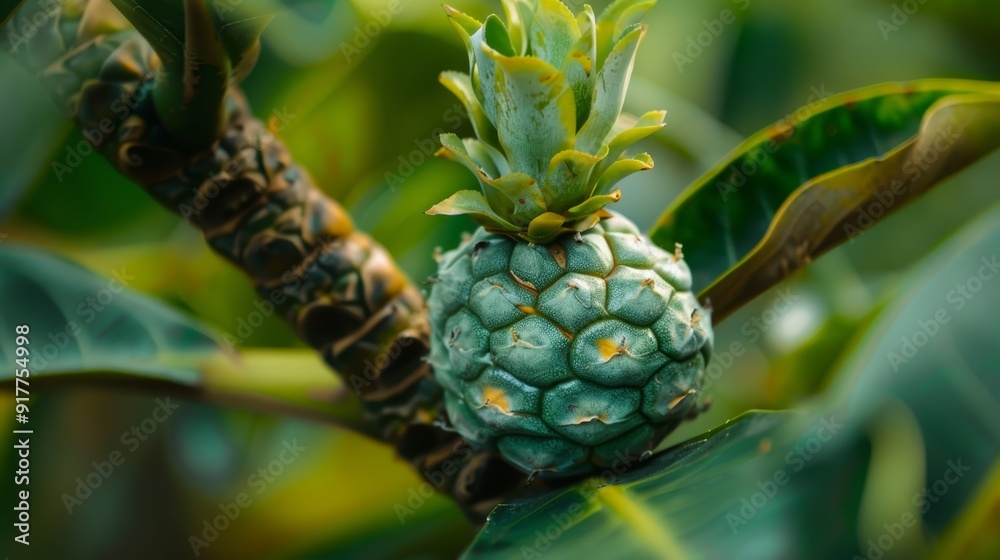 A pineapple on a tree branch, with leaves and a caterpillar in the foreground A pineapple on a tree branch, with leaves and a caterpillar in the foreground