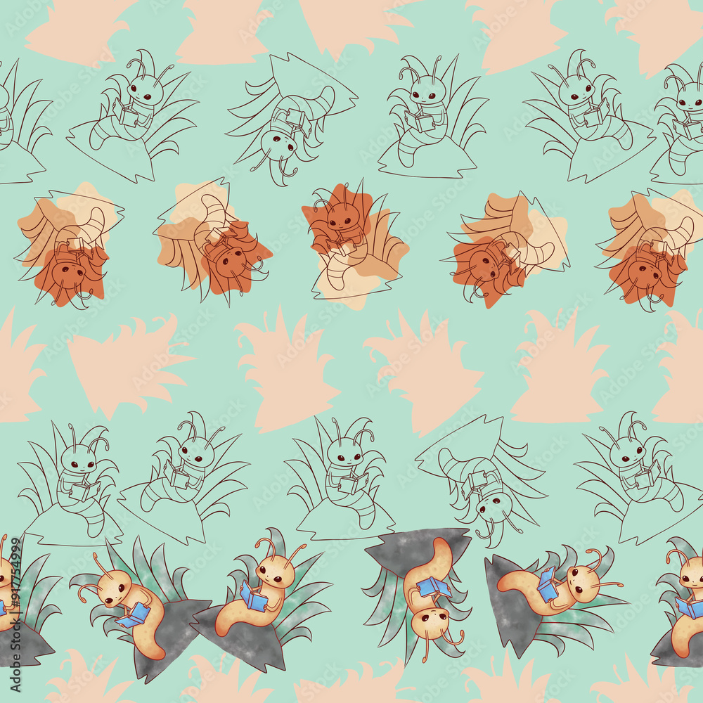 Obraz premium Cute Little Bookworm Inspired Repeat Pattern Design