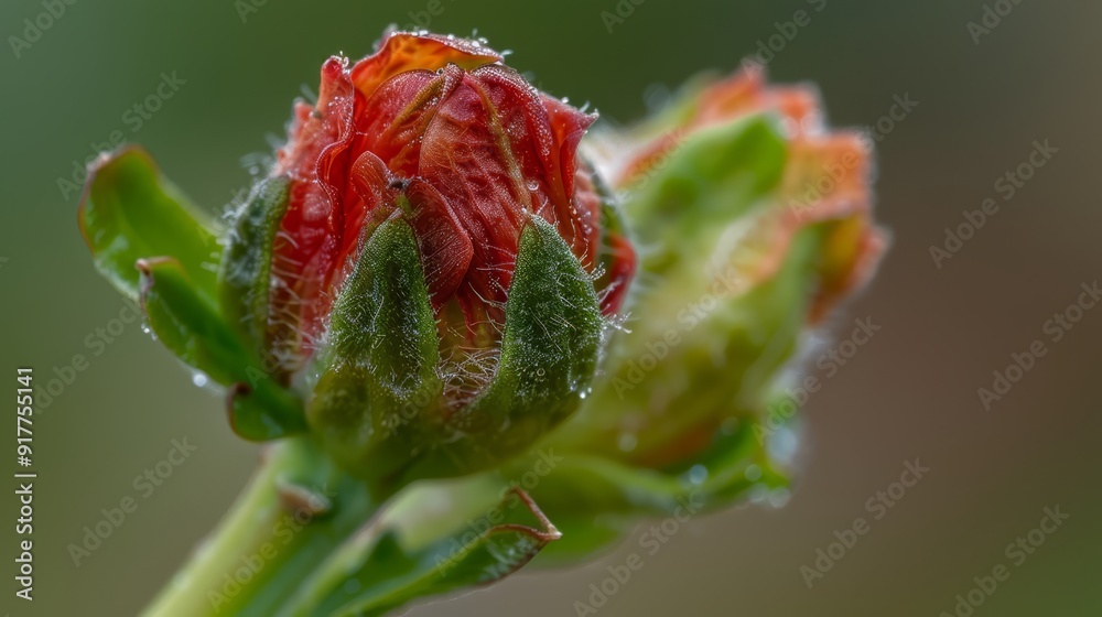 A tight shot of a flower bud with dewdrops on petals and a softly blurred background A tight shot of a flower bud with dewdrops on petals and a softly blurred background