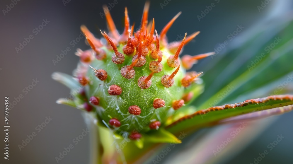 A tight shot of a small green plant with crimson specks at its center against a hazy background A tight shot of a small green plant with crimson specks at its center against a hazy background