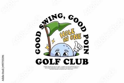 golf ball retro cartoon character mascot illustration being in the golf hole and giving a thumbs up with hole in one text for golf club and tournament mascots and merchandise