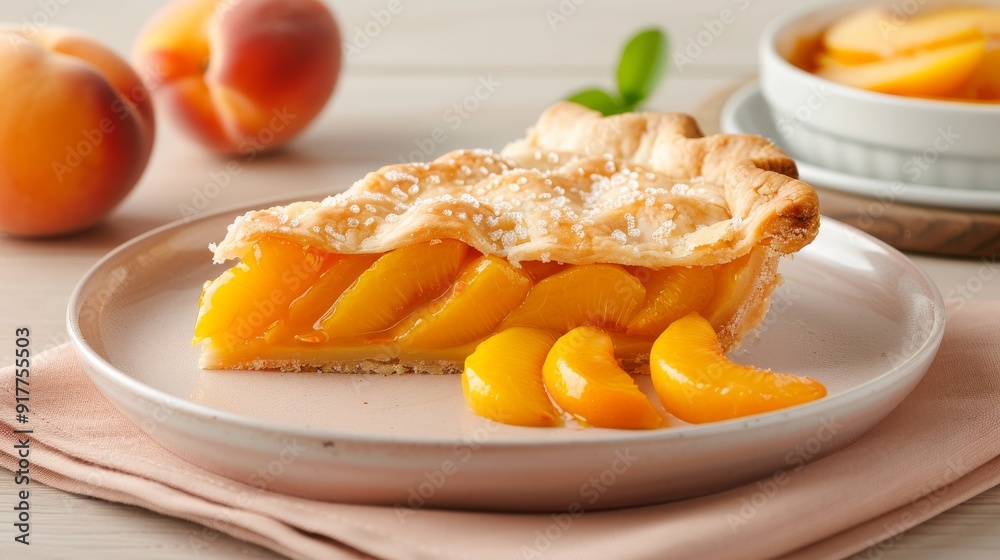 Summer Peach Delight, Homemade peach pie with sugary topping, Ripe peaches in the background Summer Peach Delight, Homemade peach pie with sugary topping, Ripe peaches in the background