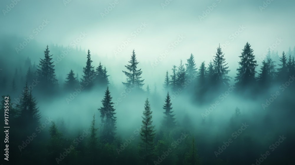 Fototapeta premium Misty Pine Forest in Early Morning Fog