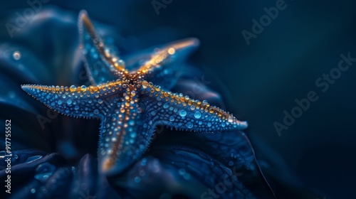  A tight shot of a starfish against a blue backdrop, studded with yellow droplets of water on its surface