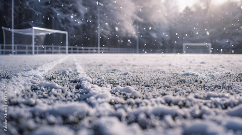 A snowy field with a soccer field in the background