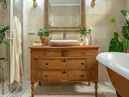 A chic bathroom with refurbished vintage vanity and modern mirror photo