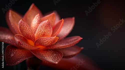  A tight shot of a red bloom with water beads on hovering petals