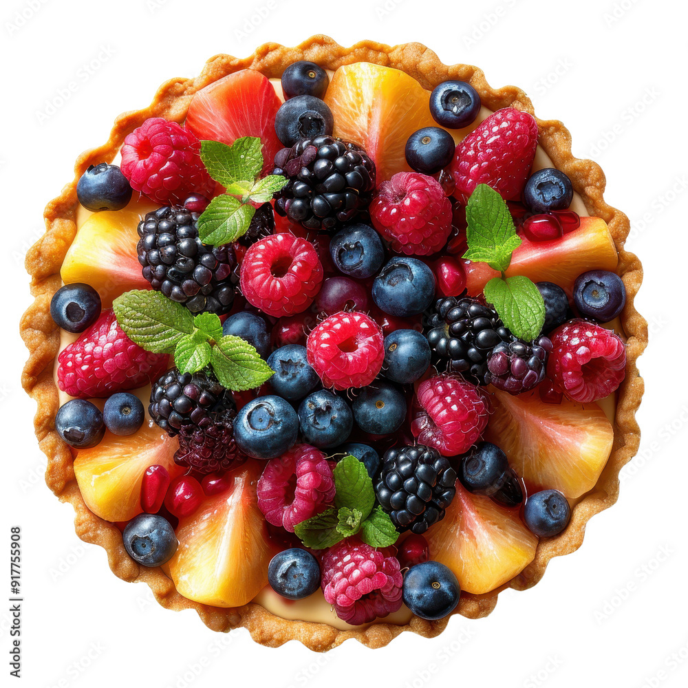 A vibrant fruit tart topped with fresh berries and mint, perfect for summer desserts and healthy treats. A vibrant fruit tart topped with fresh berries and mint, perfect for summer desserts and healthy treats.