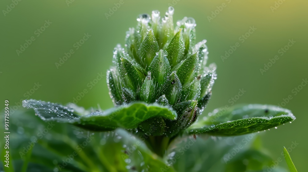 A green plant with dewdrops on its leaves and a blurred background A green plant with dewdrops on its leaves and a blurred background