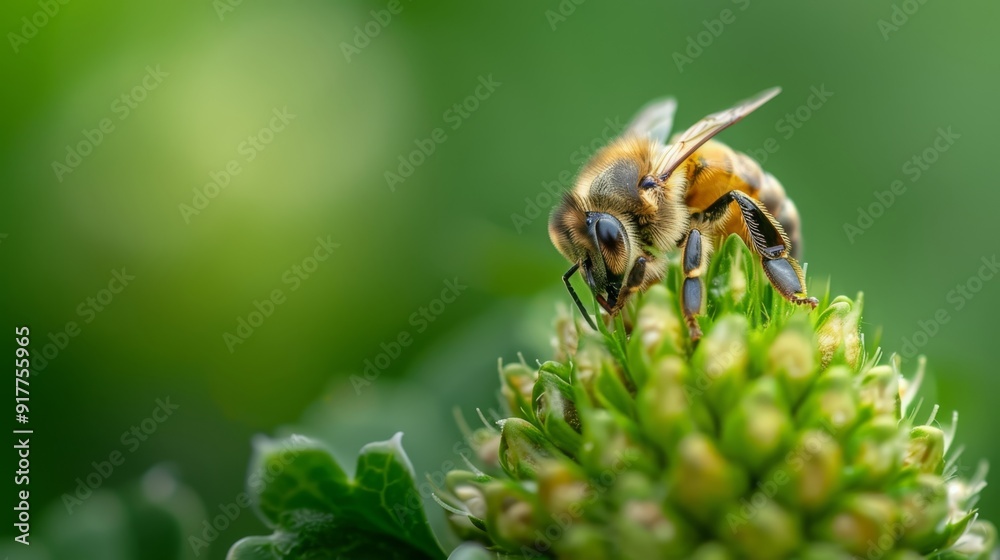 A tight shot of a bee hovering over a plant, lush with green leaves, against a softly blurred backdrop A tight shot of a bee hovering over a plant, lush with green leaves, against a softly blurred backdrop