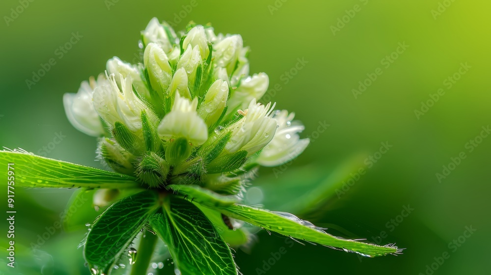 A tight shot of a green flower, dewdrops adorning its petals, backdrop softly blurred A tight shot of a green flower, dewdrops adorning its petals, backdrop softly blurred