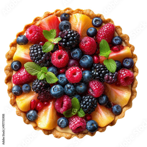 A vibrant fruit tart topped with fresh berries and mint, perfect for summer desserts and healthy treats. photo