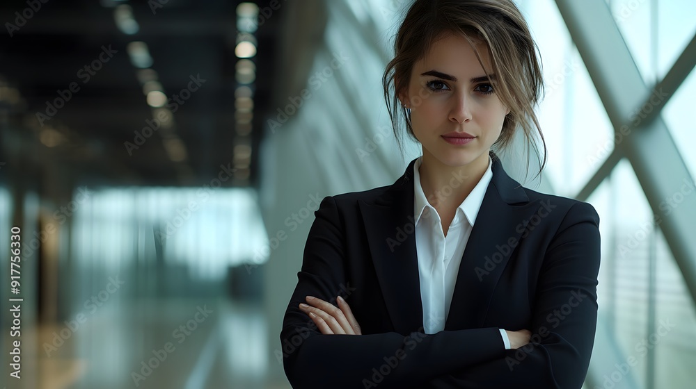 Confident Business Pose: A businesswoman in a power suit, confidently posing with arms crossed in a modern office.
