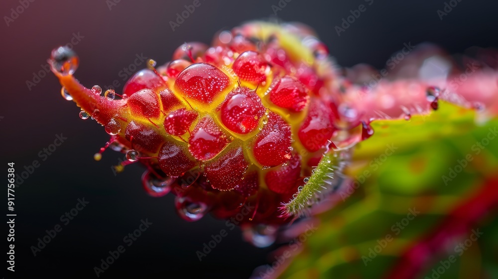 Close-up of a red flower with dewdrops on its petals, against a backdrop of a green plant Close-up of a red flower with dewdrops on its petals, against a backdrop of a green plant