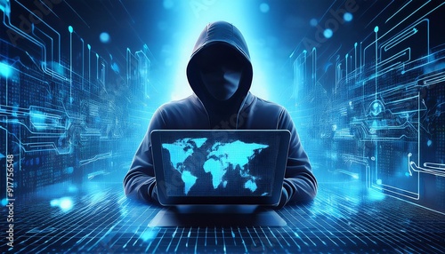 A figure in a hoodie using a laptop with cybersecurity graphics overlay, on a digital blue background, concept of hacking and data protection3 photo