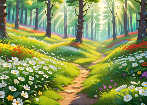 Beautiful summer forest with flowers