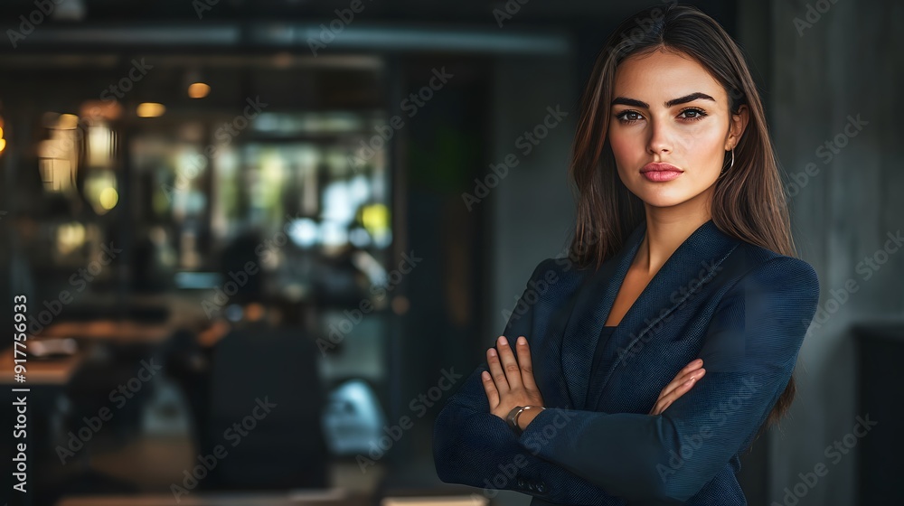 Confident Business Pose: A businesswoman in a power suit, confidently posing with arms crossed in a modern office.
Confident Business Pose: A businesswoman in a power suit, confidently posing with arms crossed in a modern office.
