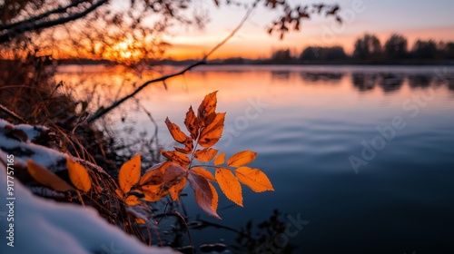  Sun sets over snow-covered lake, foreground features leafy branch